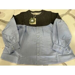The Sunday Collective Kids Mixed Media Knit Poplin Top Grey‎ Blue Stripe 12-13Y